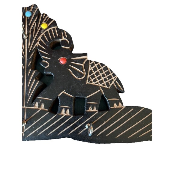 Handcrafted Wooden Key Chains Hanger Elephants 6 Metal Hooks Brown Black Color - Picture 4 of 9